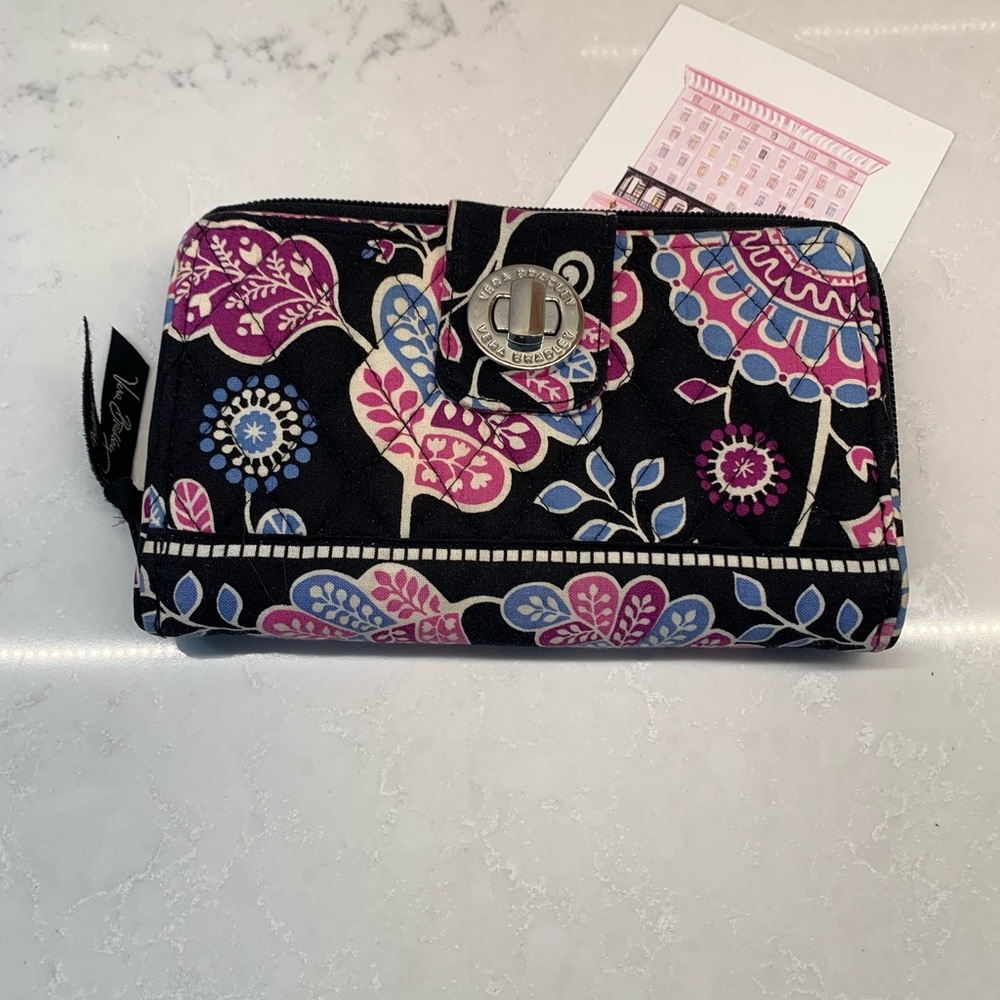 Vera Bradley Quilted Black Floral Turn Lock Zip Around Wallet